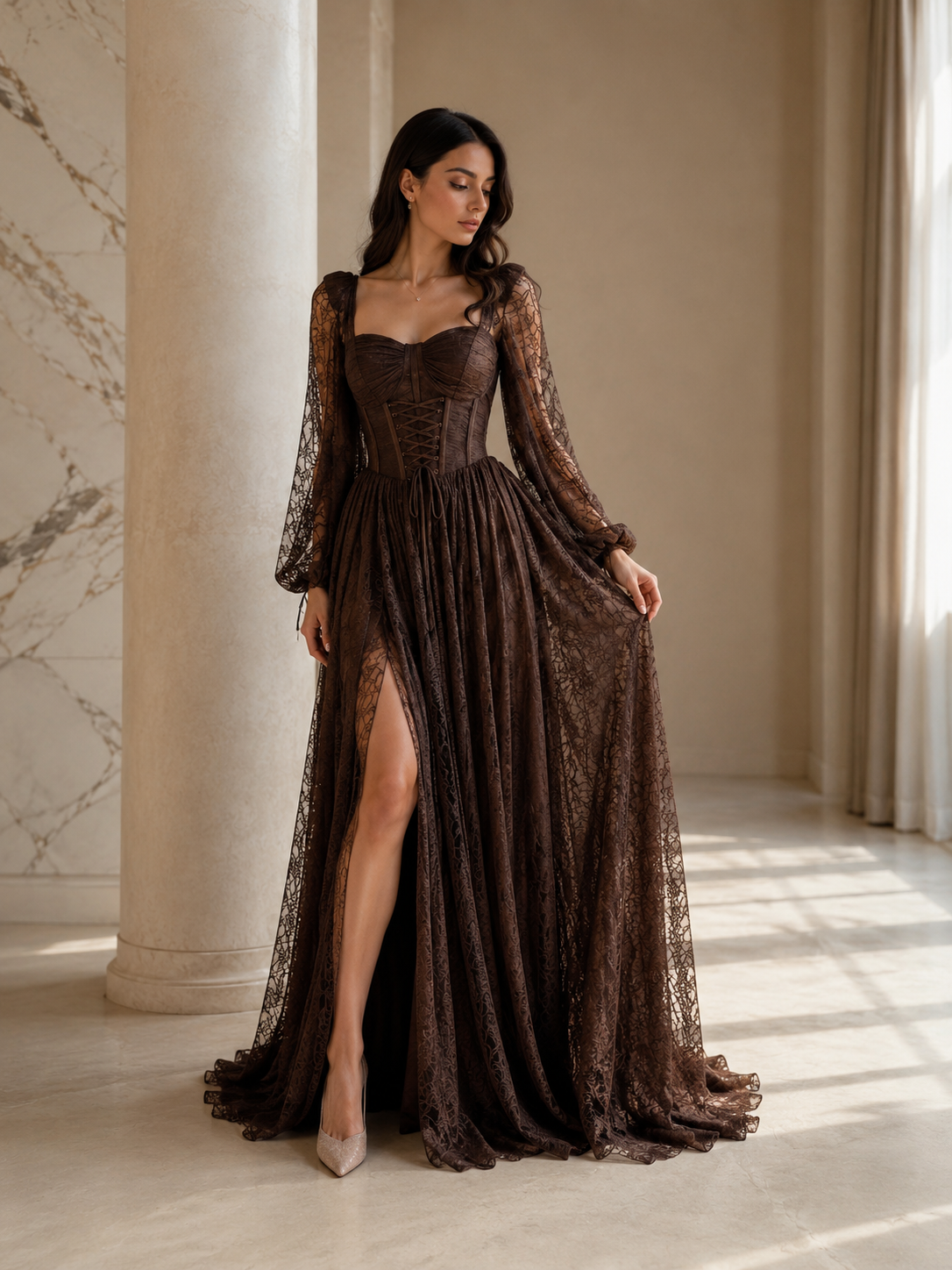 brown sheer dress long sleeve Dark Lace Corset Evening Gown with Sleeves Celebrity Style: Celebs Wearing Color:Brown/White import_2022_04_25_185517 Swan hook closure