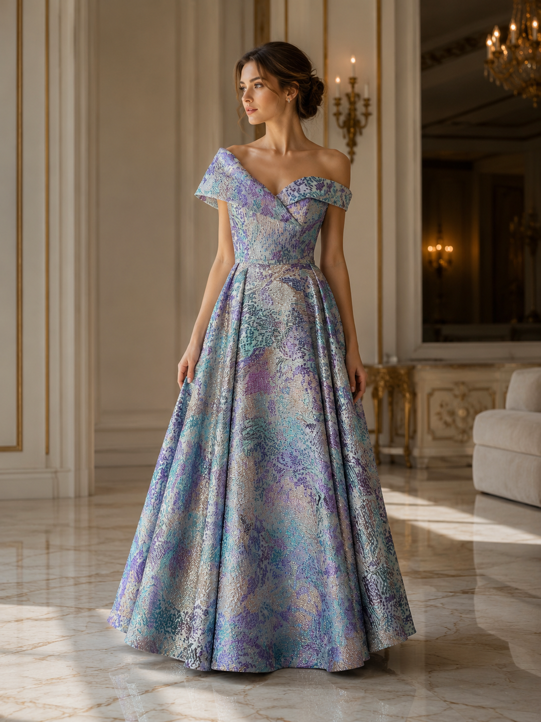 Iridescent Aqua Lavender Off-Shoulder Evening Gown