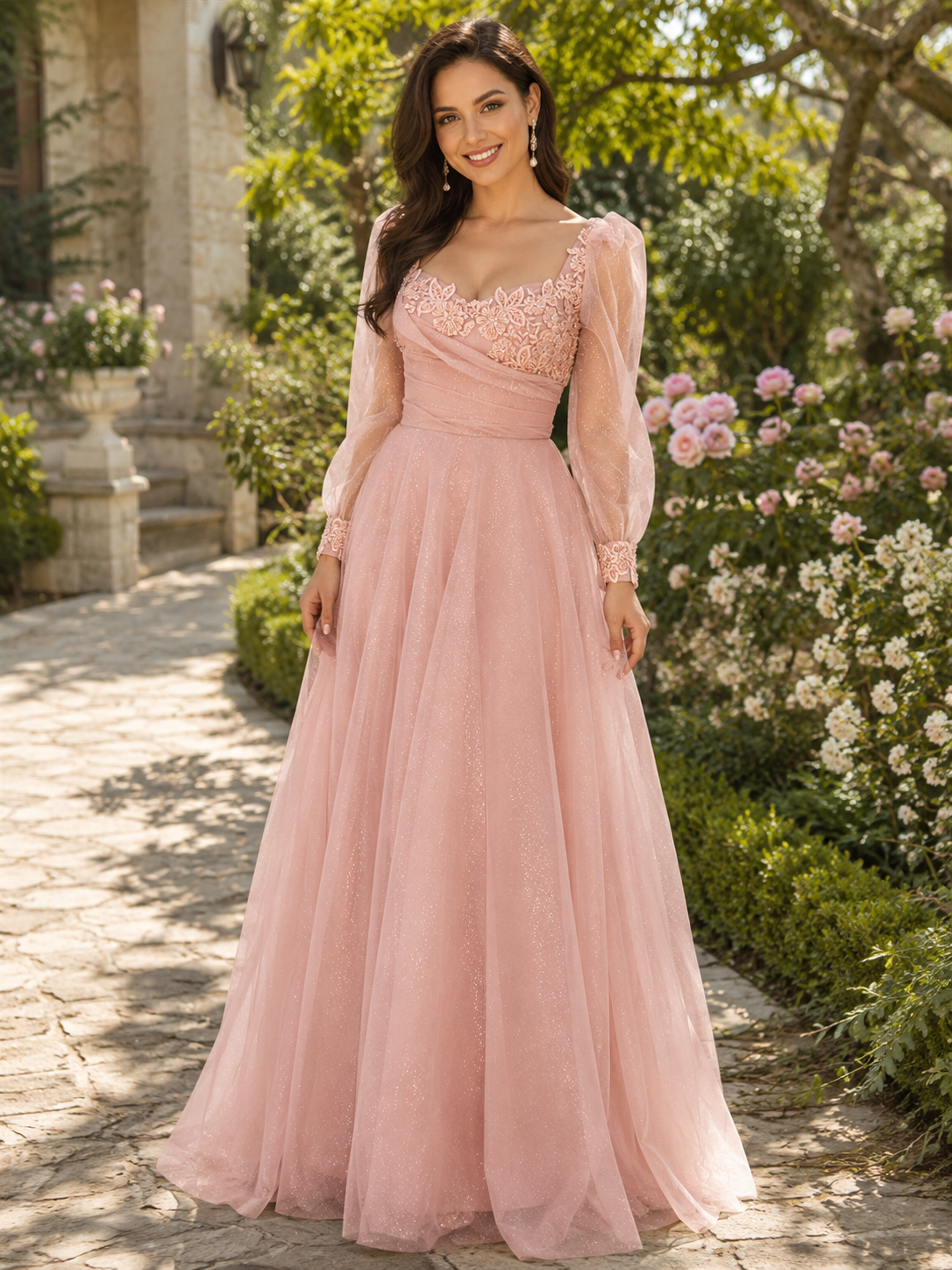 formal blush pink dress Glitter Tulle Evening Gown with Long Sheer Sleeves – Prom & SCH004969 lime 🍋‍🟩 on X: Full sheer back with Back Style:Tie up