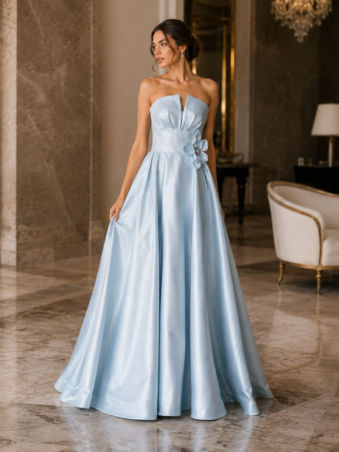icy blue satin dress Strapless 3D Flower Ball Gown baby blue satin dress