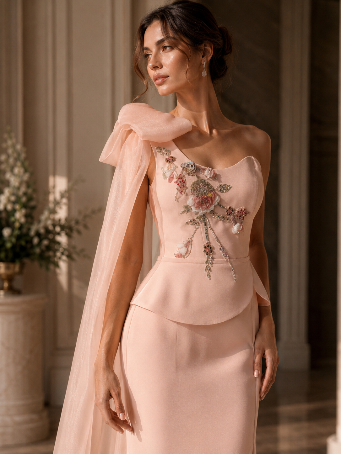 one shoulder blush pink dress One-Shoulder Floral Embellished Evening Gown – Women's Prom group-559 Size:Y/6 length skirt Short Mother of the