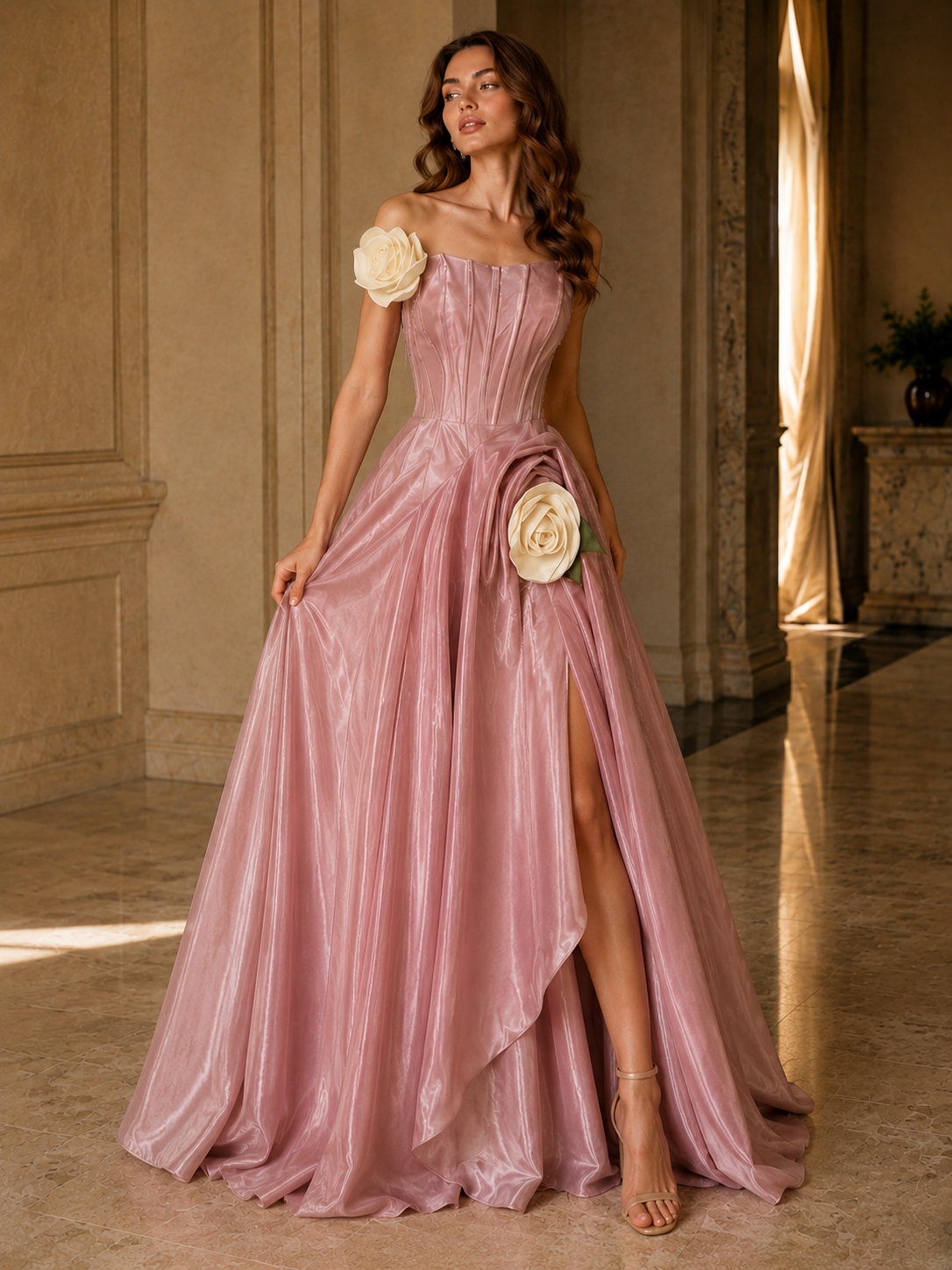 A floor-length gown or formal dress is perfectly appropriate.