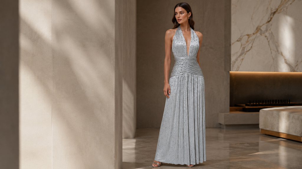 Halter Evening Gown with Beaded Pleats | Moonlit Elegance