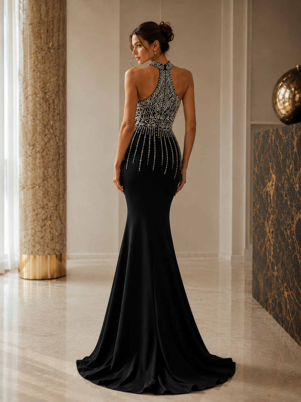 A woman modeling a floor-length black evening gown from the back in an elegant indoor setting with marble columns and walls.

