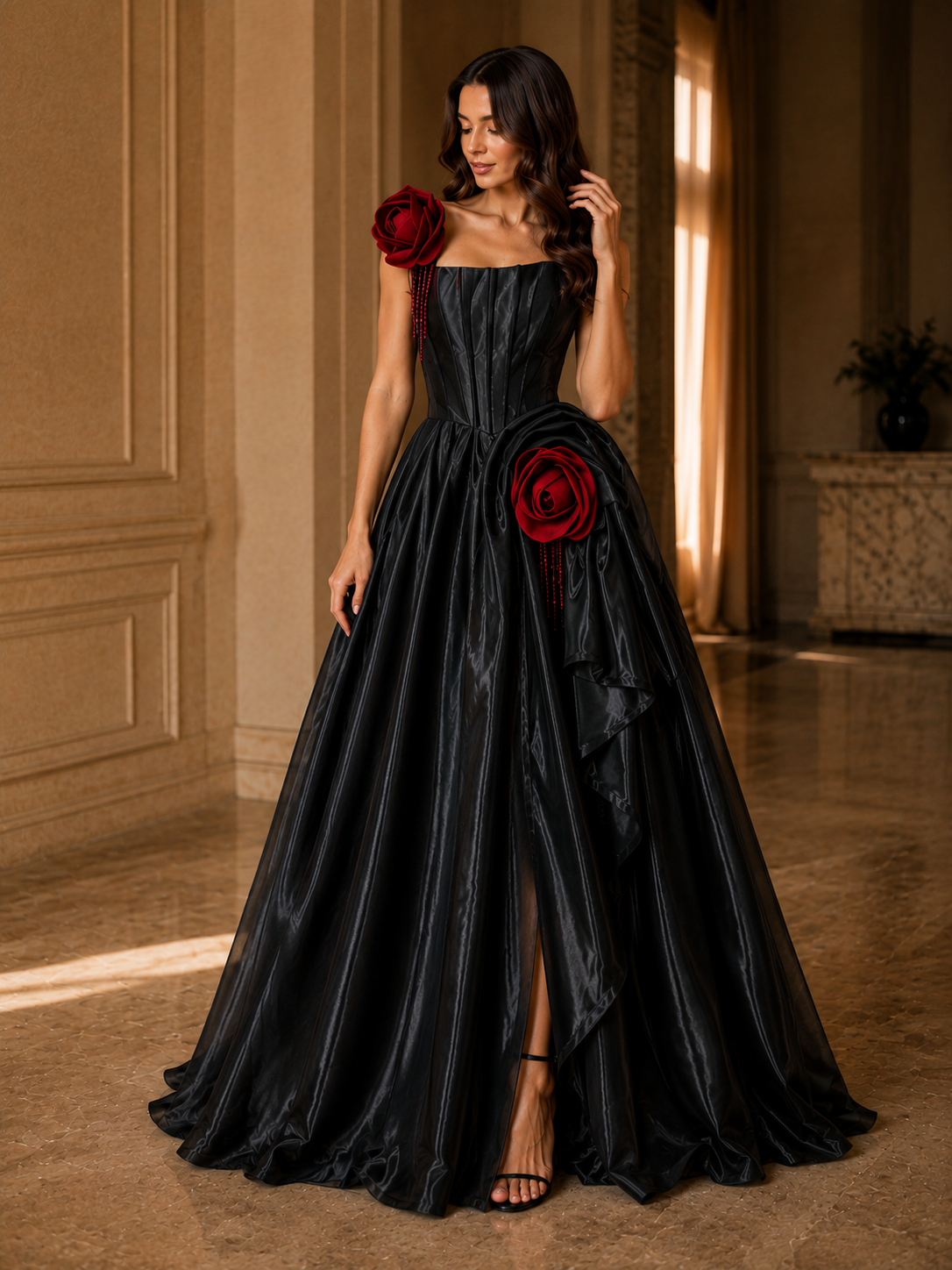 Black Corset Evening Gown with Red Rose Details