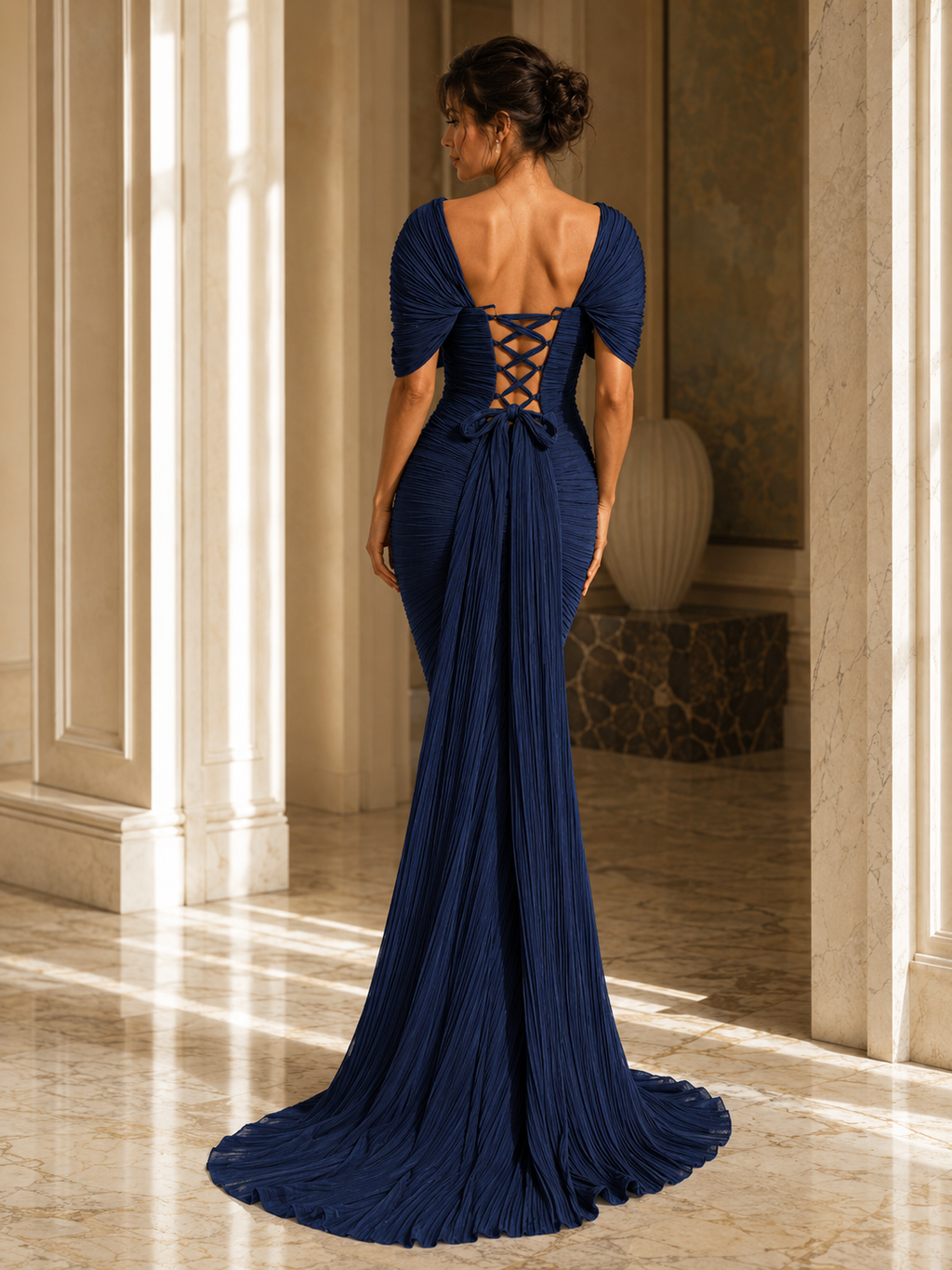 A woman wearing a navy blue evening gown, shown from the back in a grand interior hallway with marble columns and warm sunlight streaming in.