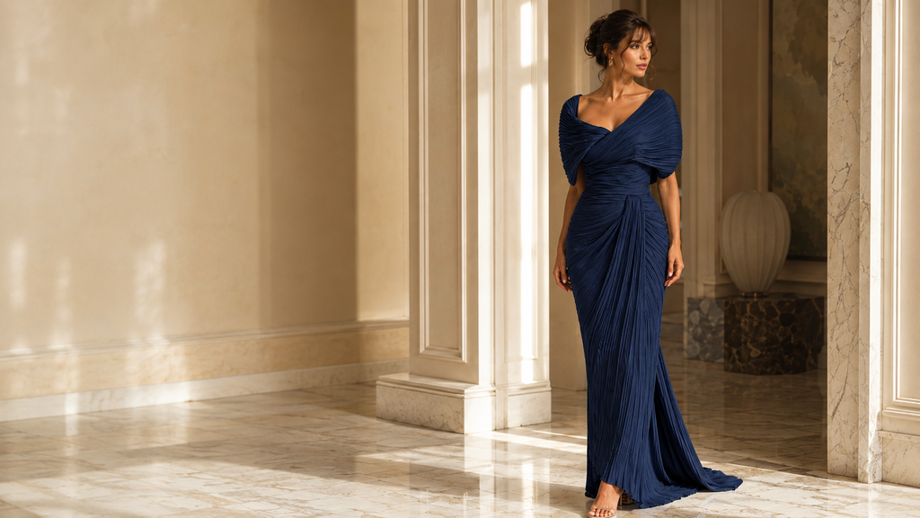 A woman wearing a floor-length navy blue gown with a draped, one-shoulder design and a train, standing in a sunlit classical interior with cream walls and marble floors.