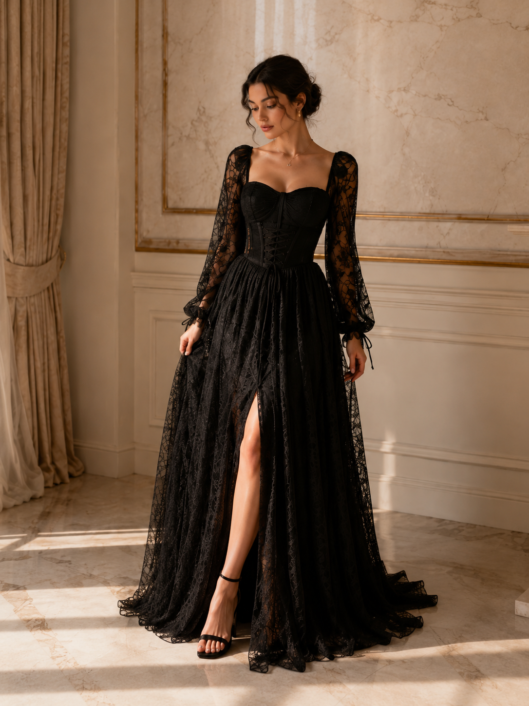 Black Lace Corset Evening Gown with Sheer Long Sleeves