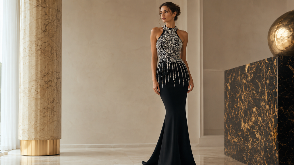 A woman models a sleeveless black evening gown with a heavily embellished silver beaded bodice and cascading bead fringe down the front, set in a luxurious interior with marble columns and walls.

