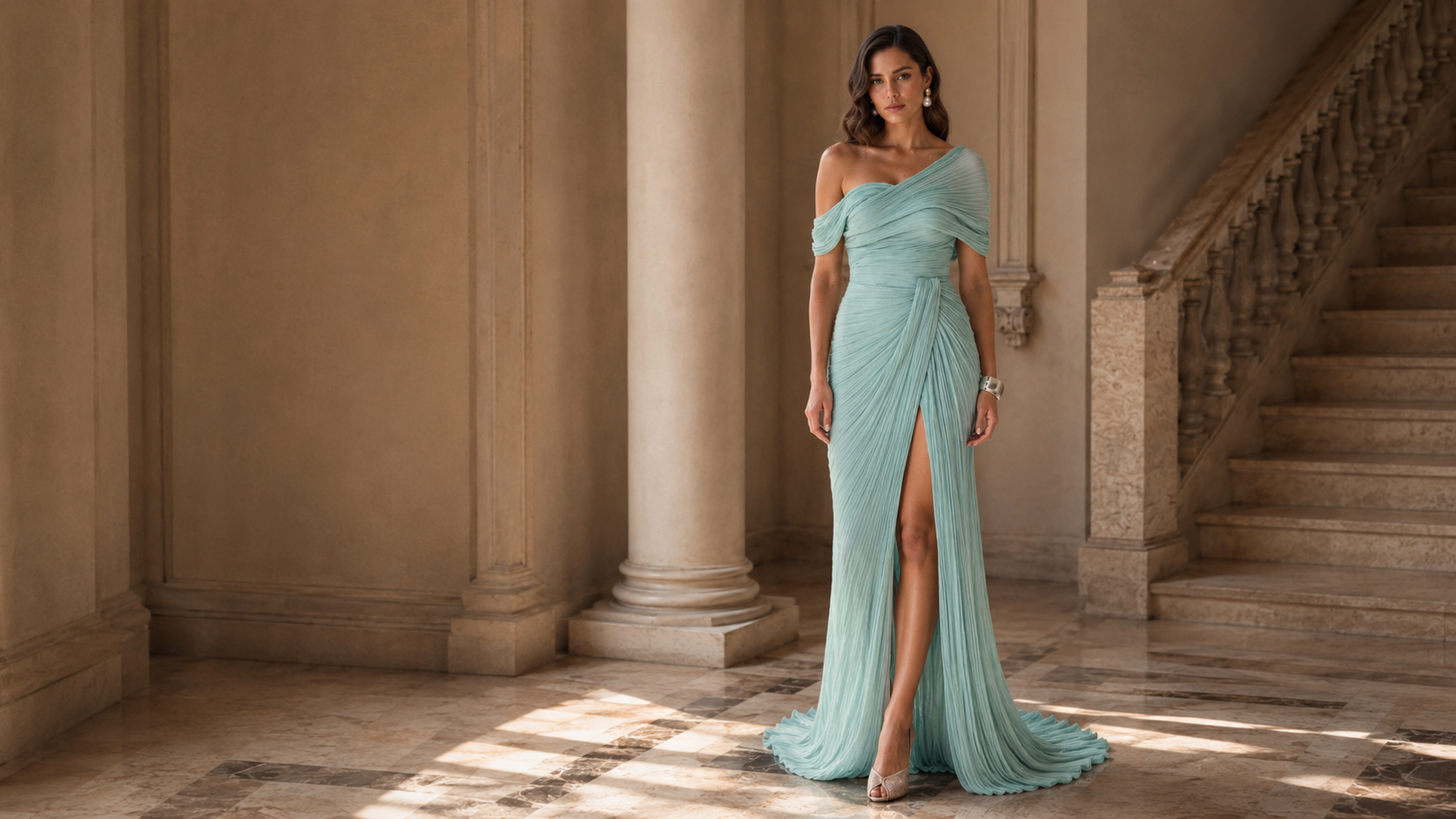 A woman stands in a grand interior hallway with columns and a staircase, wearing a flowing off-the-shoulder formal gown in a pale aqua or mint tone with a high thigh slit.

