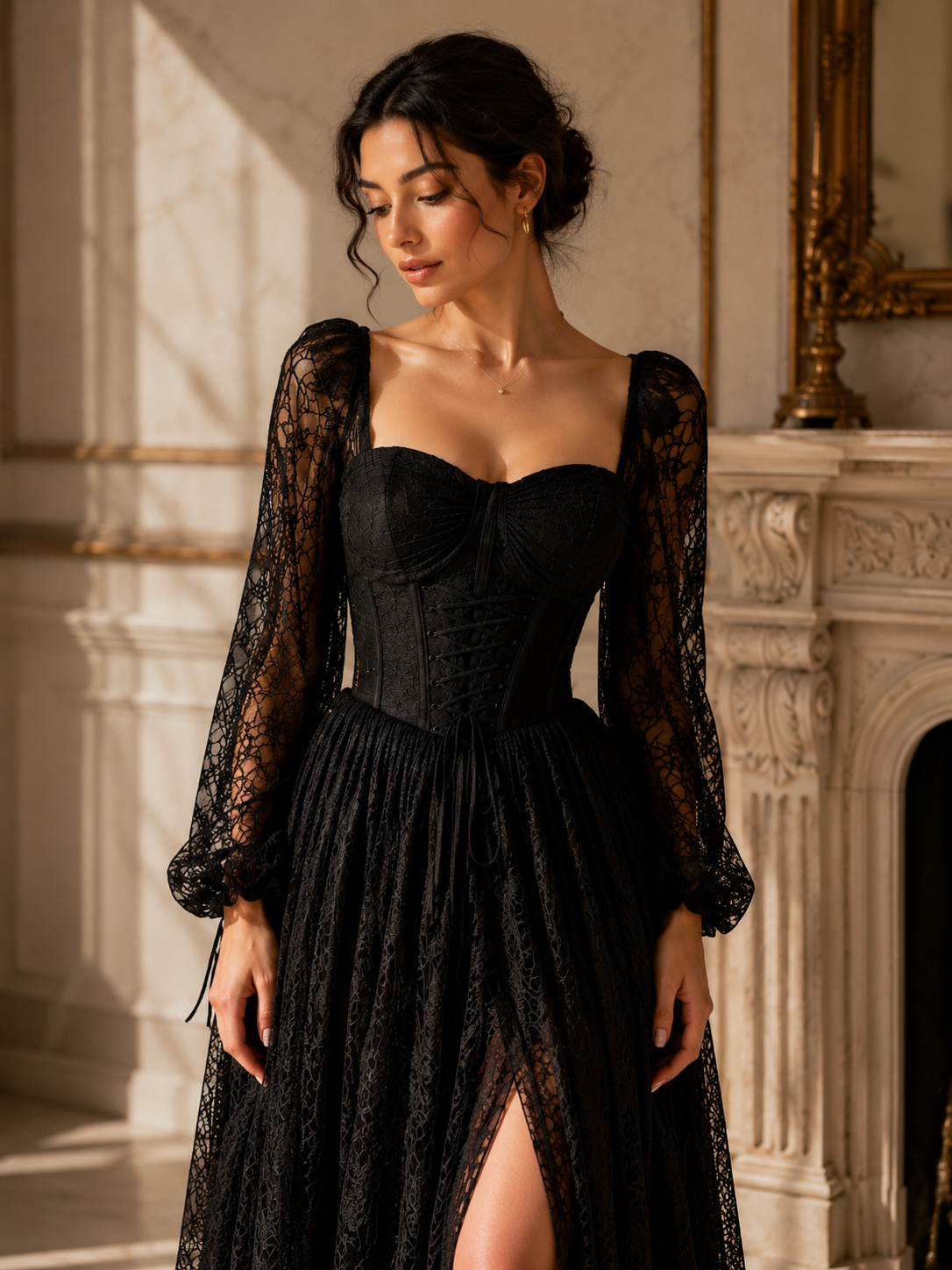 Black Lace Corset Evening Gown with Sheer Long Sleeves