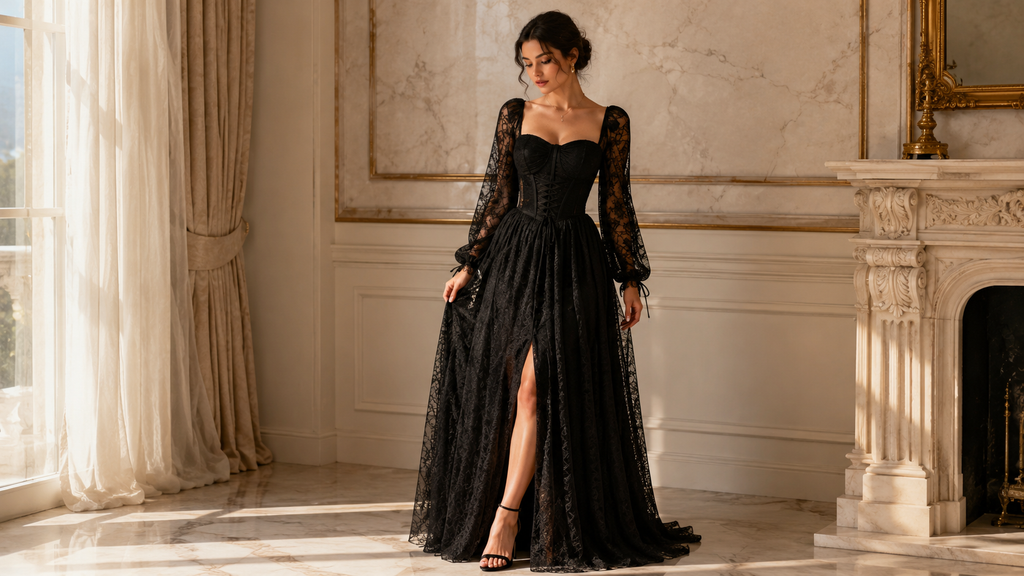 A woman wearing a black lace formal gown with long sheer sleeves and a high slit, standing in an elegant room with cream curtains, a marble fireplace, and warm sunlight.


