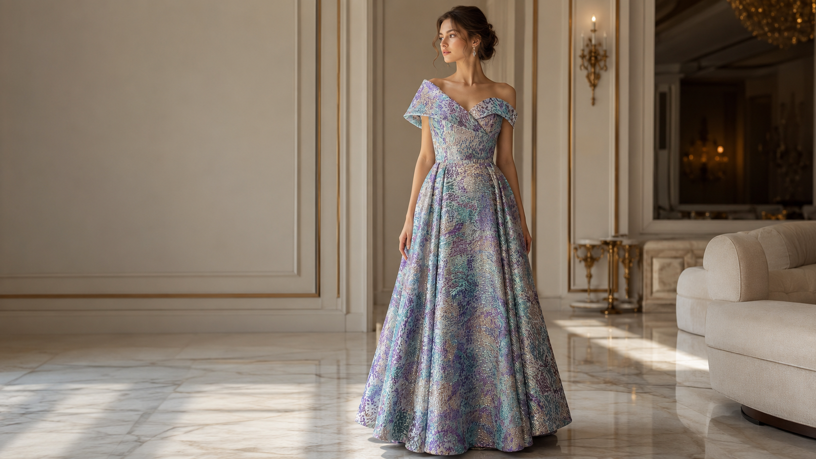 Aqua lavender silver evening dress with full skirt and fitted bodice