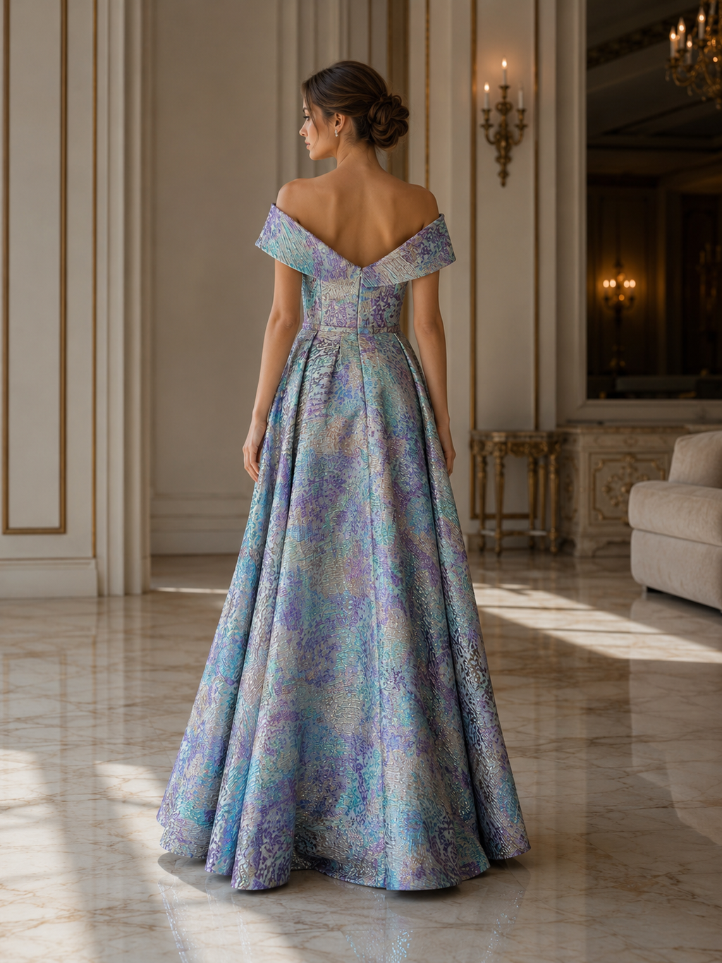 Back view of iridescent off-shoulder jacquard evening gown