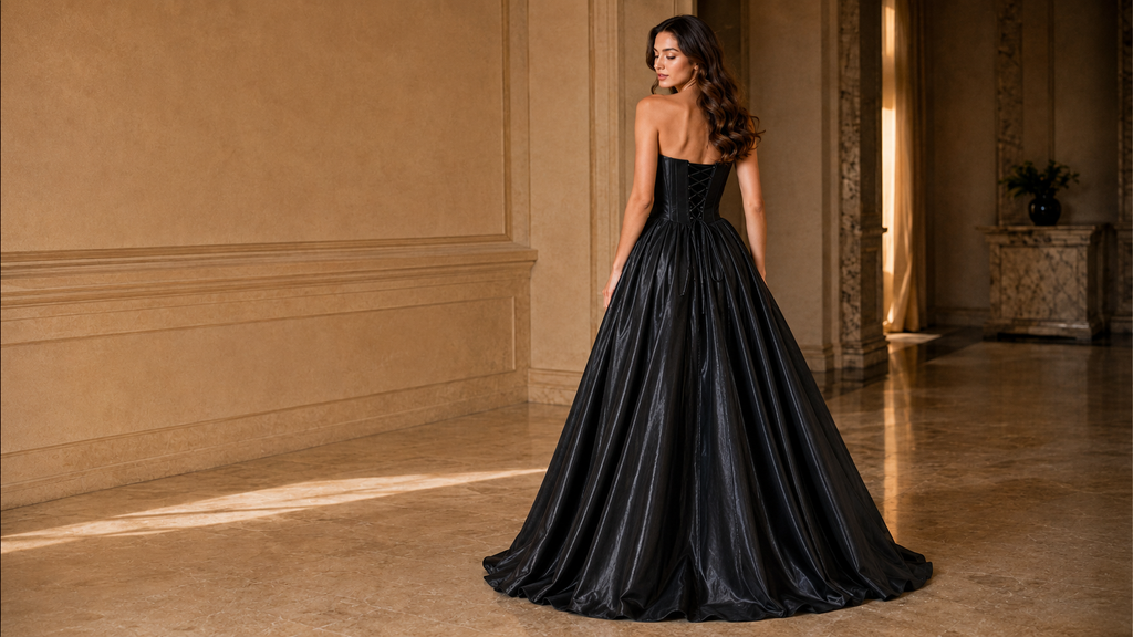 Vestido de Noche Encorsetado Negro con Detalles de Rosas Rojas | Rosa de Medianoche