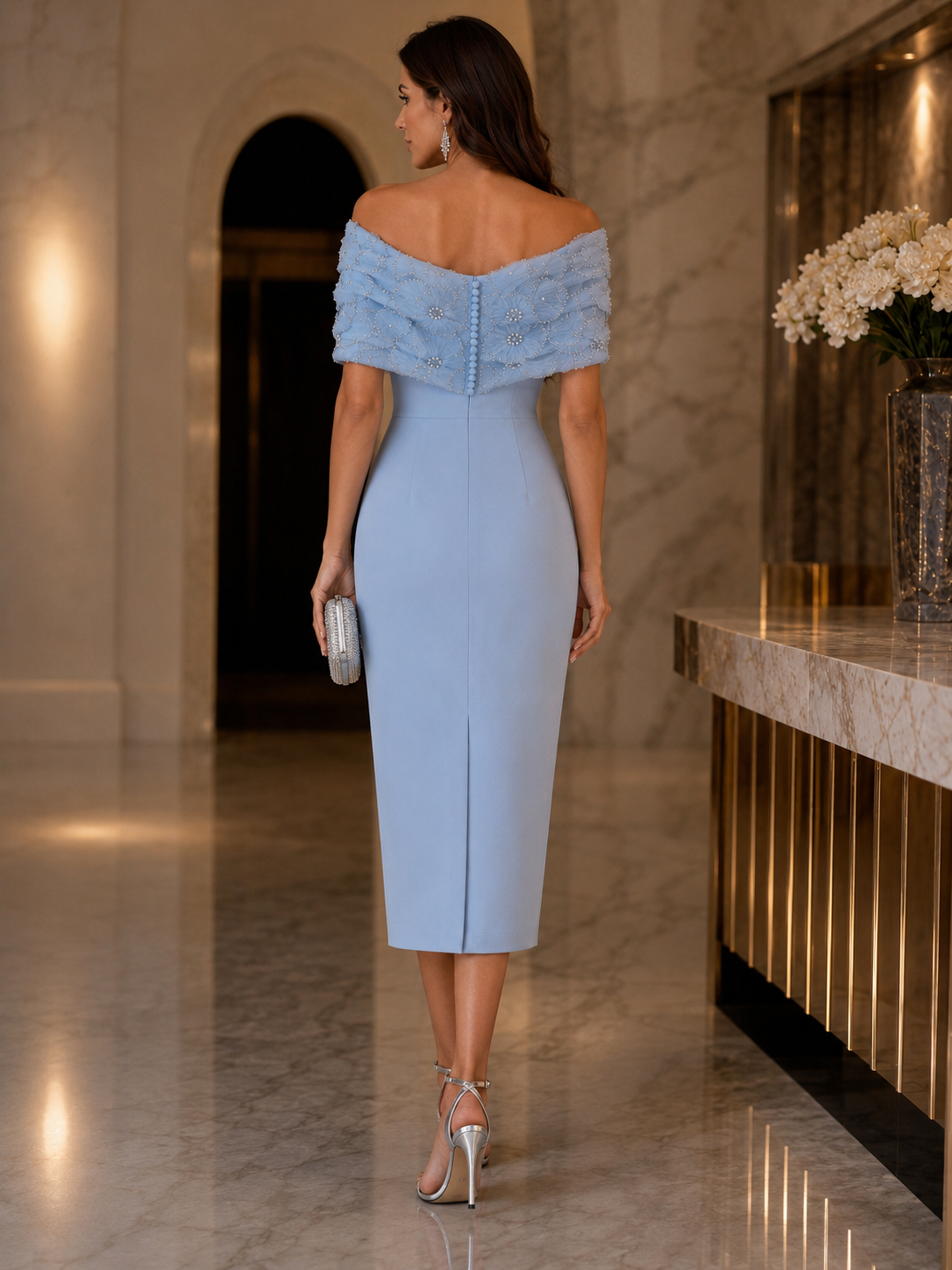 Powder Blue Off-Shoulder Beaded Midi Evening Dress | Elegant Occasion Dress for Prom, Engagement and Formal Events