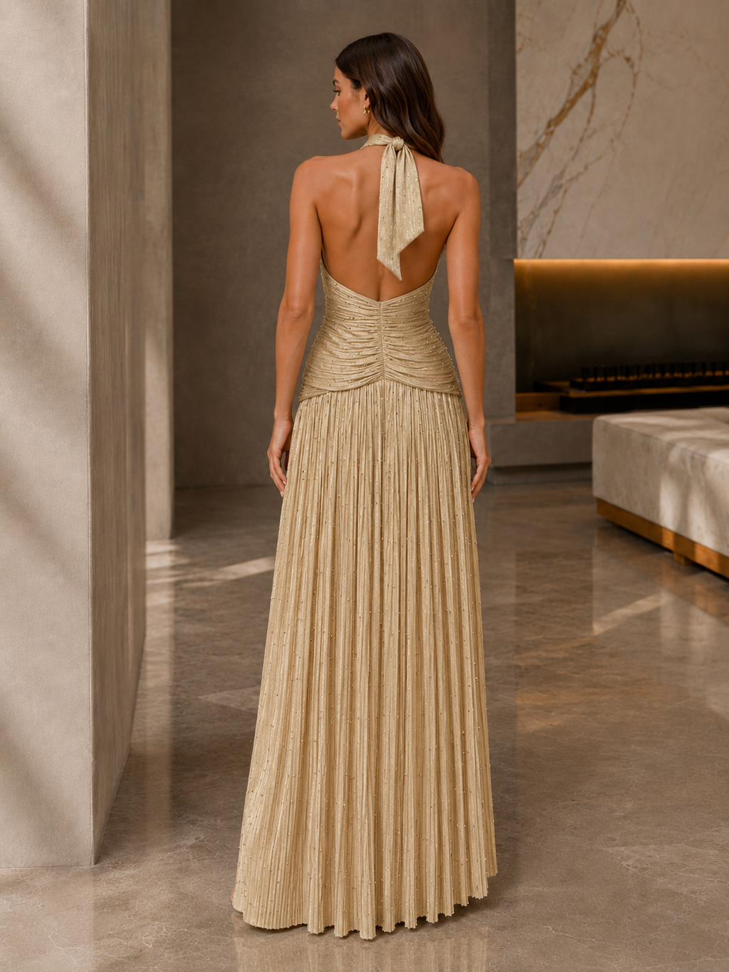 Champagne Gold Halter Evening Gown with Beaded Pleated Details | Golden Radiance