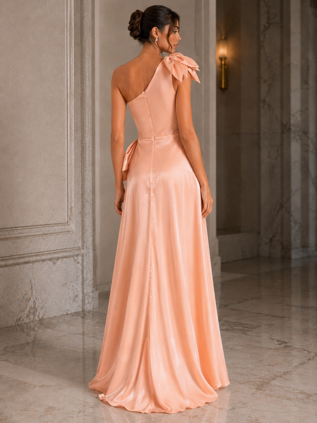 Light Salmon One-Shoulder Satin Evening Dress with Floral Embellishment | Luxury Prom &amp; Occasion Gown