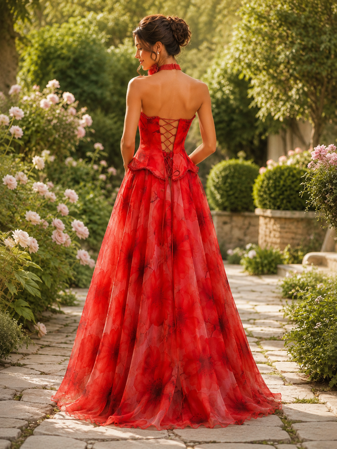 Vestido de Noche Acampanado Corsé con Flor de Granada | Capullo Escarlata