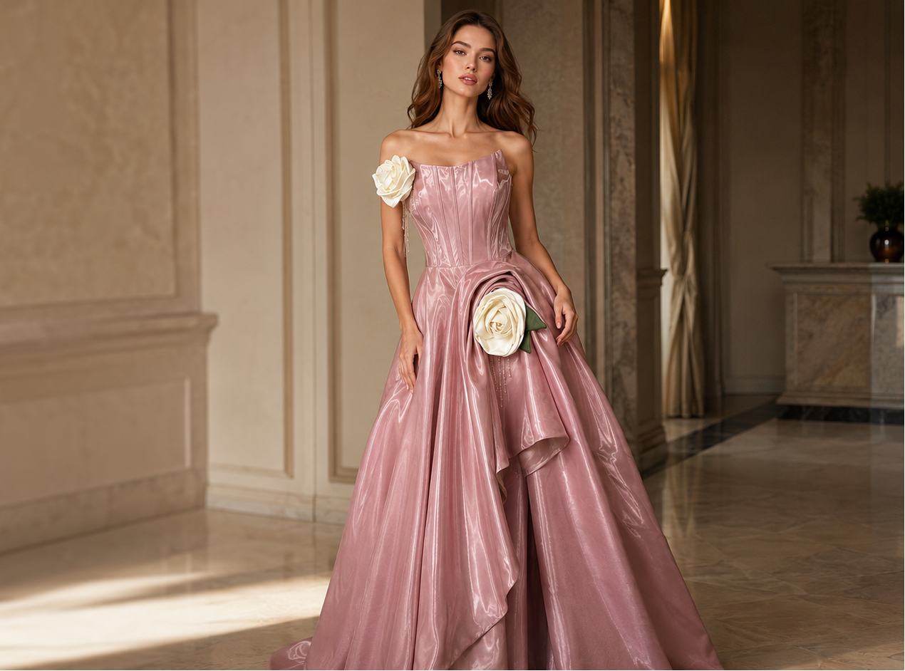 Vestido de noche corsé rosa rubor con detalles de rosas en color marfil | Rose Reverie