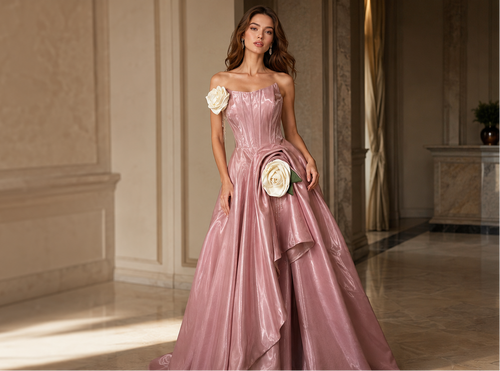 Blush Pink Corset Evening Gown with Ivory Rose Details | Rose Reverie