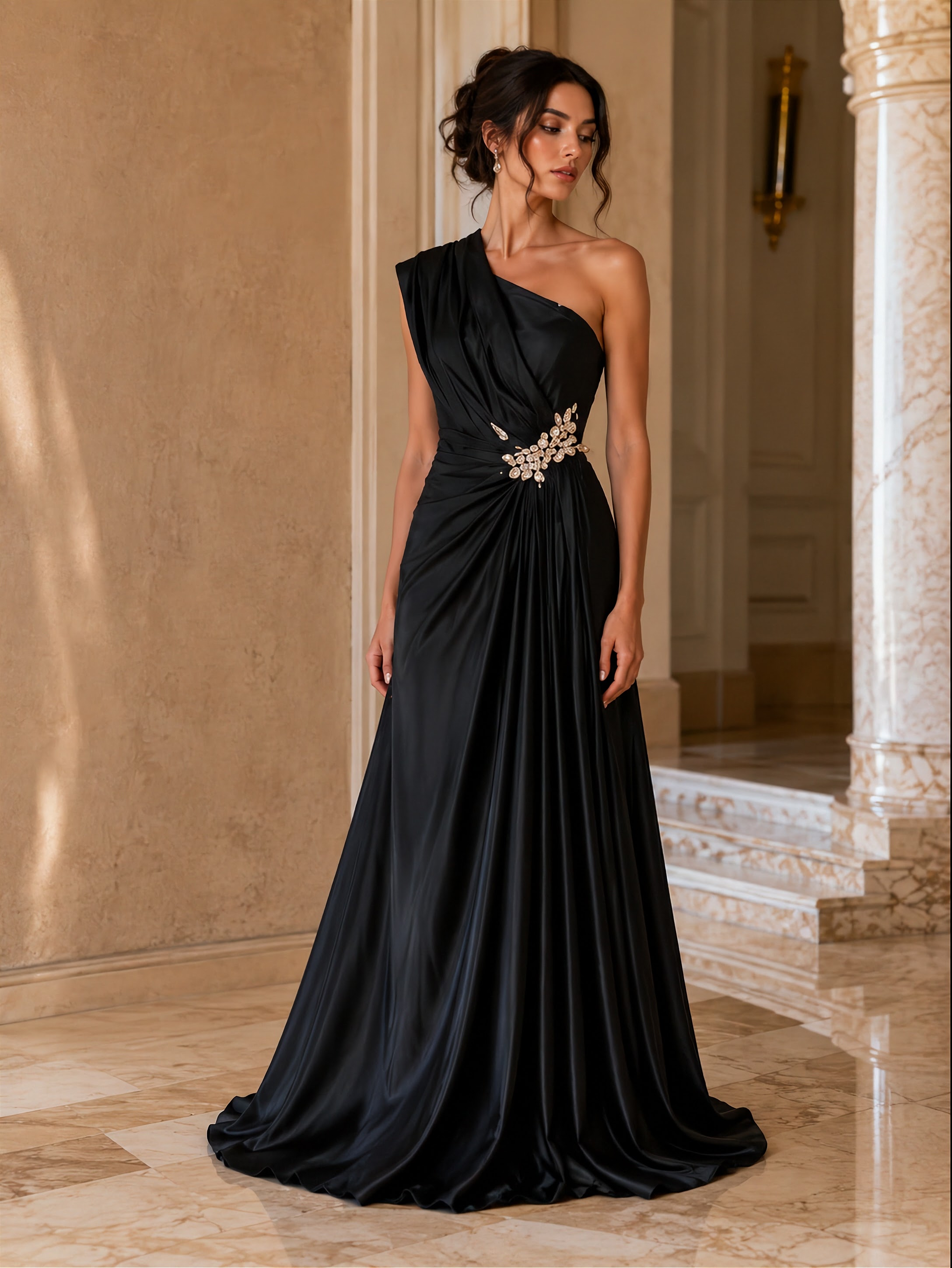 Woman in a black one-shoulder gown with floral embellishments in an elegant interior setting.

