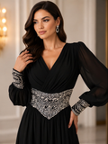 Black Pearl & Crystal Embellished Long Sleeve Chiffon Evening Gown – Modest Formal