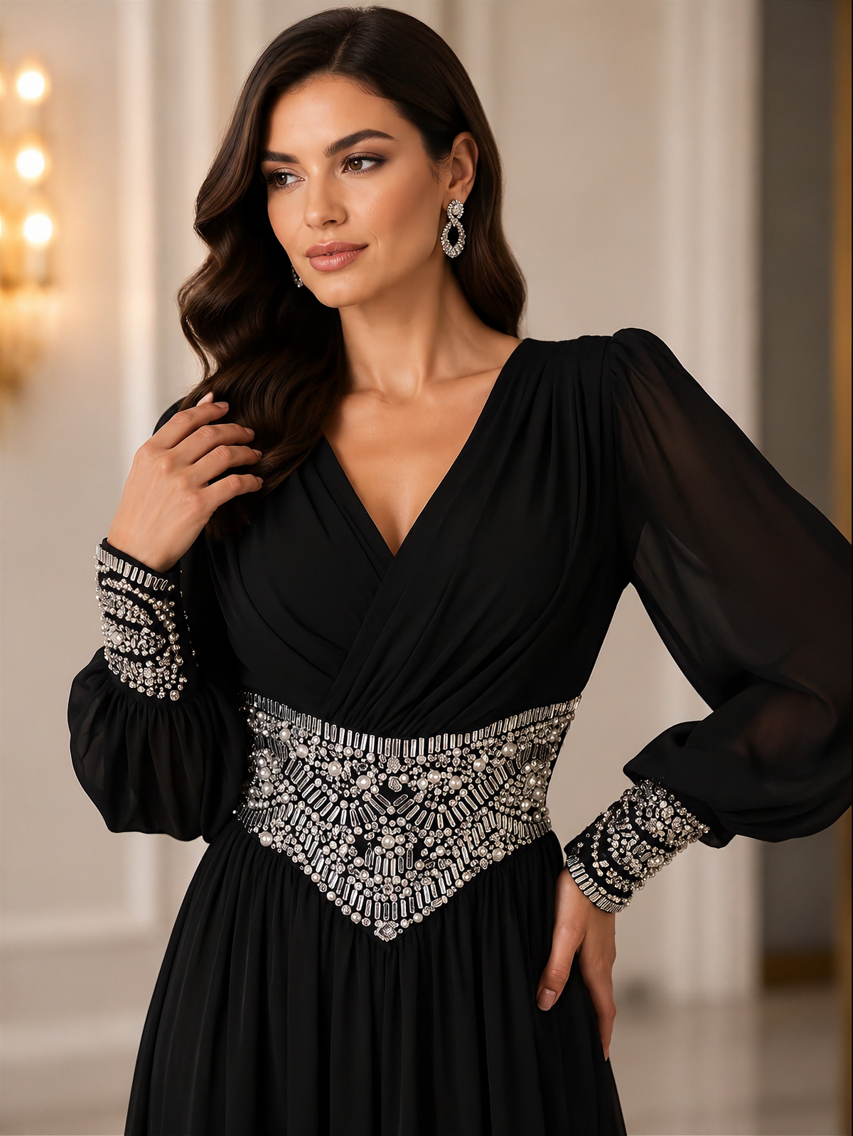 Black Pearl & Crystal Embellished Long Sleeve Chiffon Evening Gown – Modest Formal