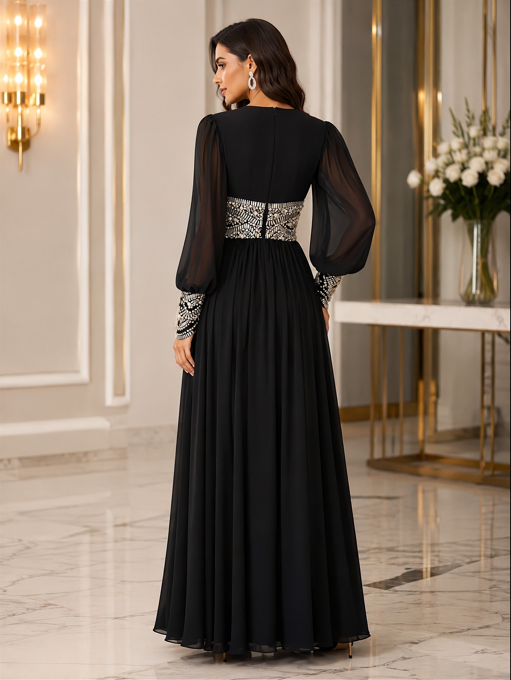 Black Pearl & Crystal Embellished Long Sleeve Chiffon Evening Gown – Modest Formal