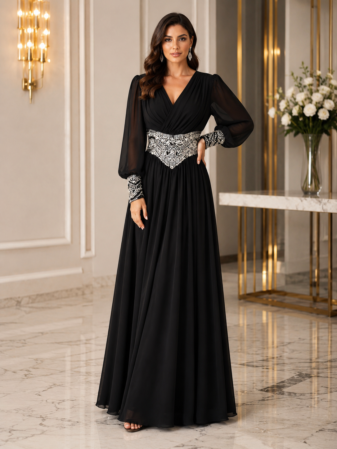 Siyah İnci ve Kristal İşlemeli Uzun Kollu Şifon Abiye Elbise | My World of Dresses