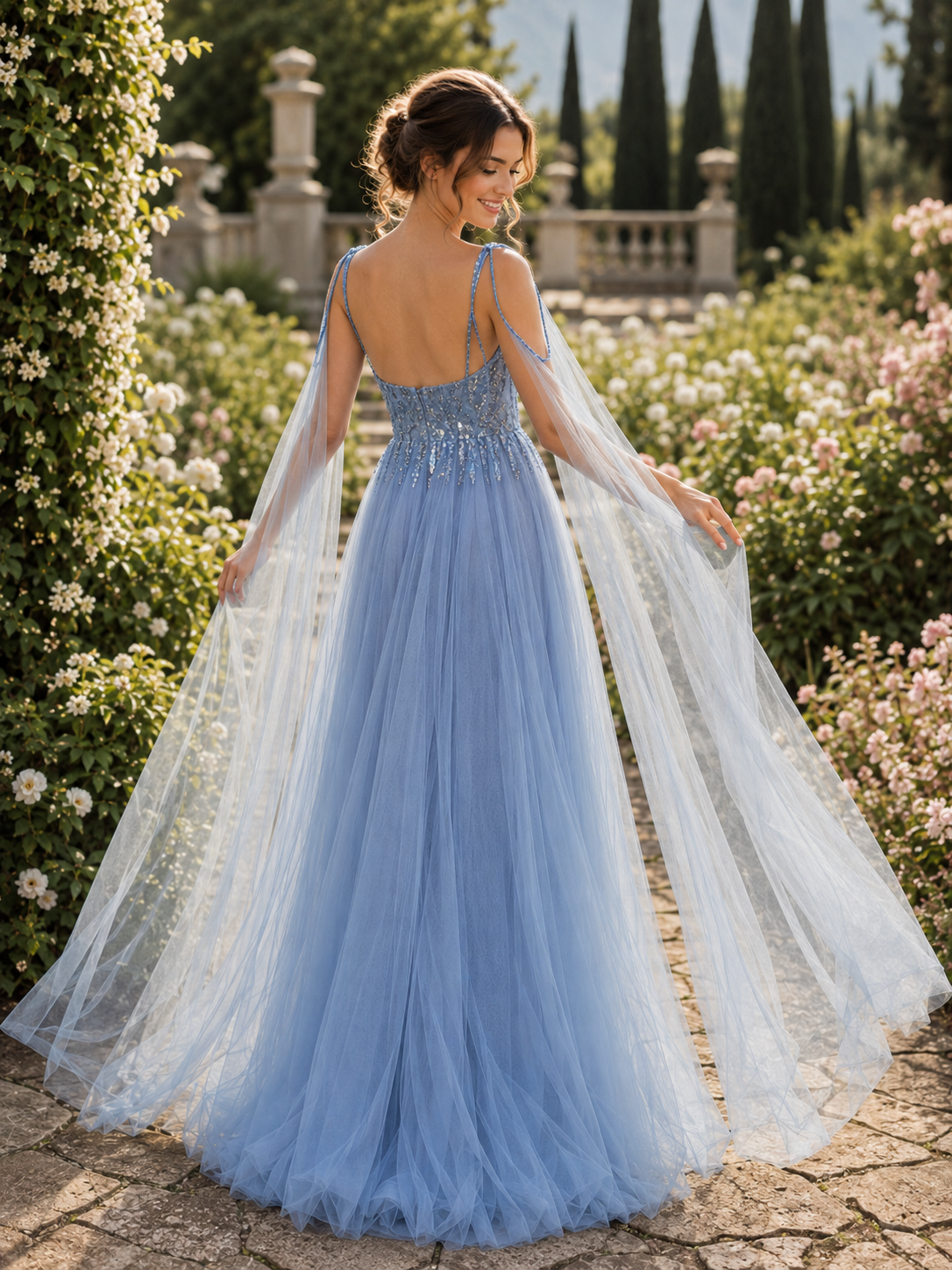 Ice Blue Beaded Tulle Evening Gown with Cape Drapes