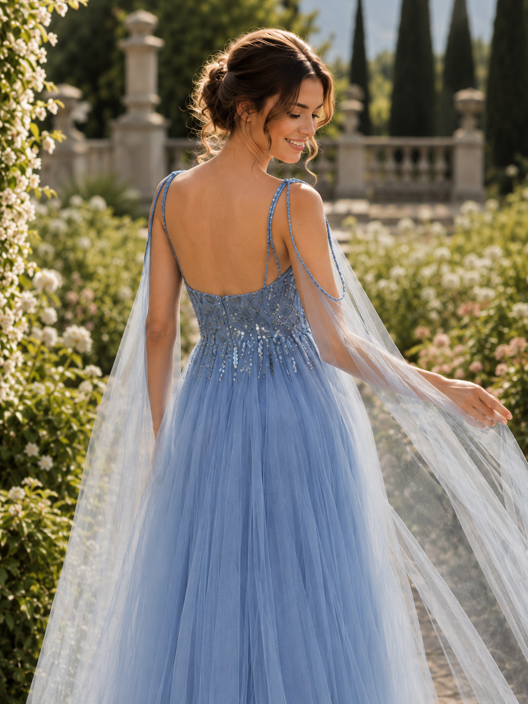 Ice Blue Beaded Tulle Evening Gown with Cape Drapes