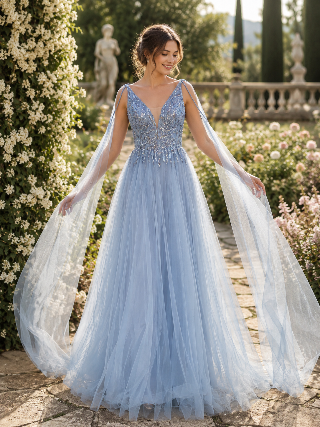 Ice Blue Beaded Tulle Evening Gown with Cape Drapes