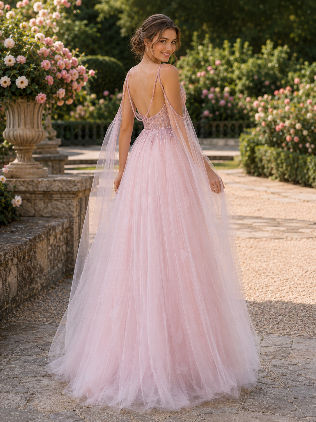 Blush pink embellished tulle evening gown with illusion V-neckline back