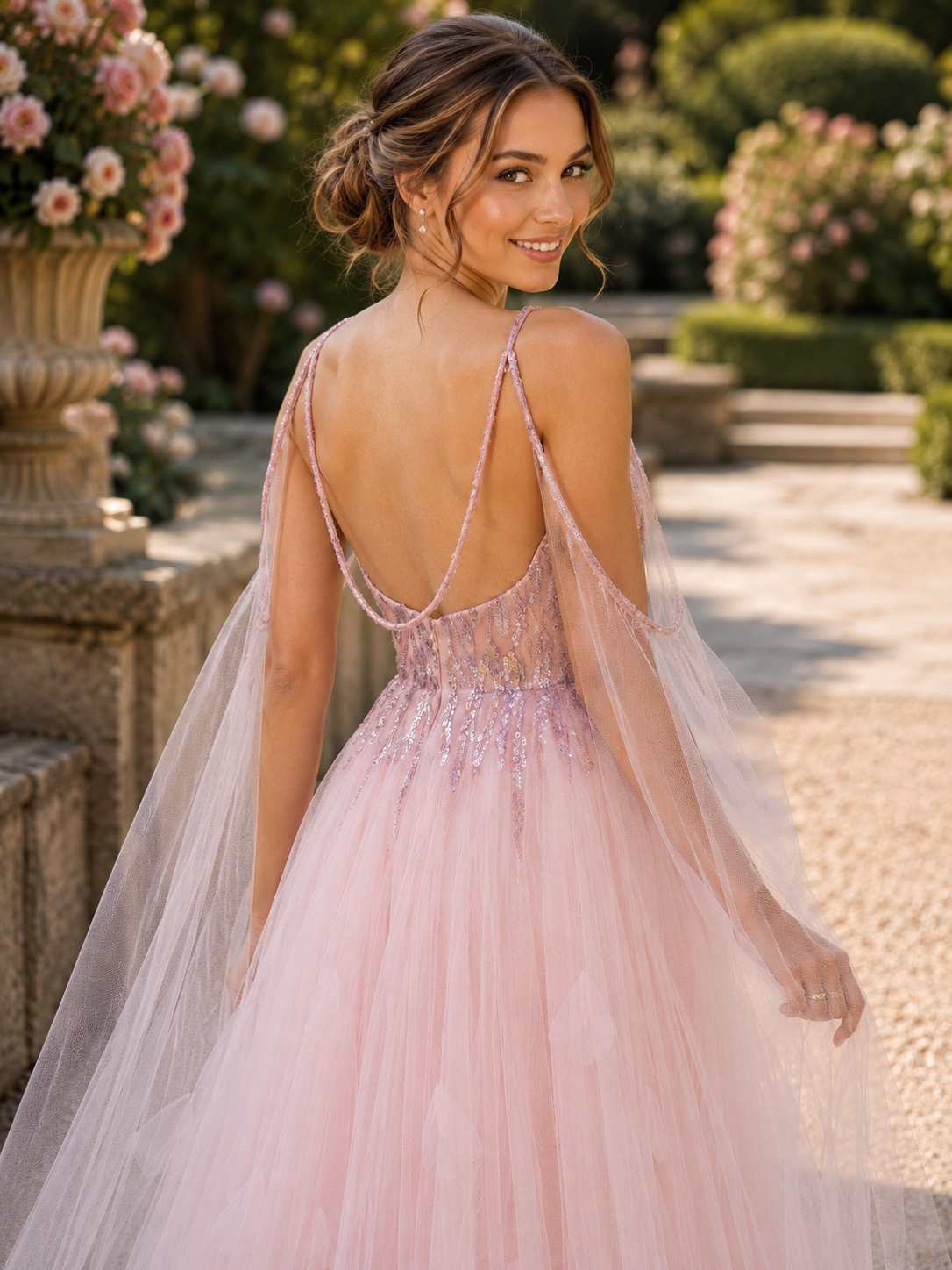 Blush pink embellished tulle evening gown with illusion V-neckline back close up