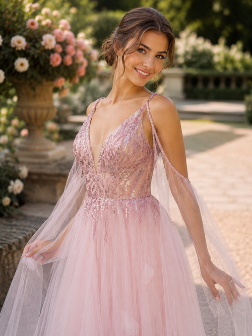 Blush pink embellished tulle evening gown with illusion V-neckline,