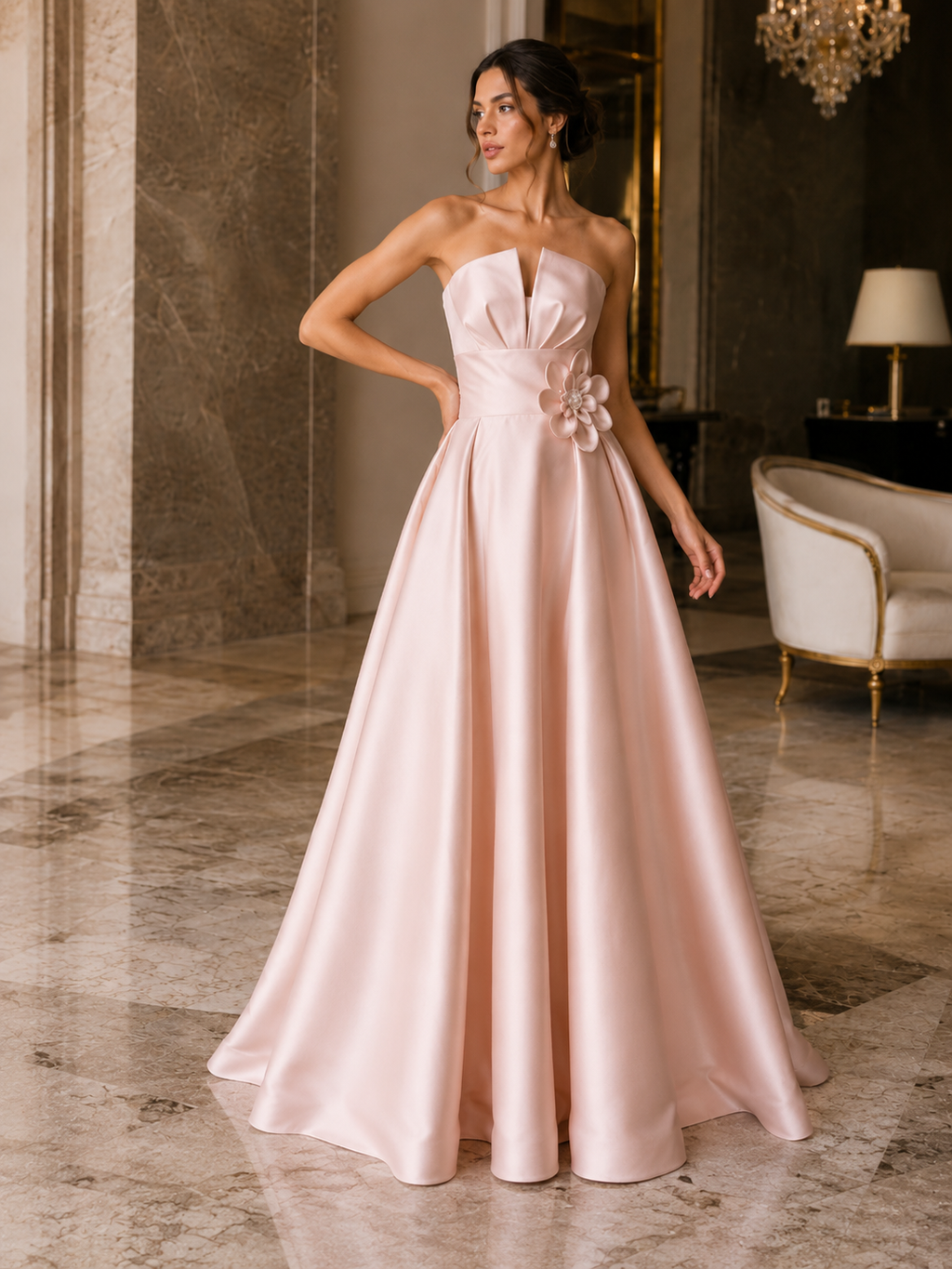 Vestido de Noche Rosa Rubor sin Tirantes con Flores 3D | My World of Dresses