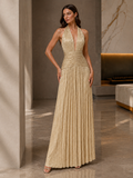 Champagne Gold Halter Evening Gown with Beaded Pleated Details | Golden Radiance