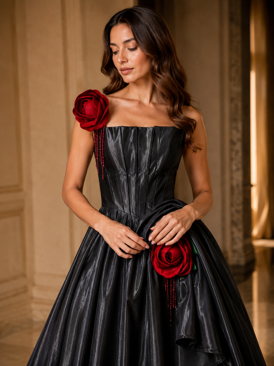 Black Corset Evening Gown with Red Rose Details