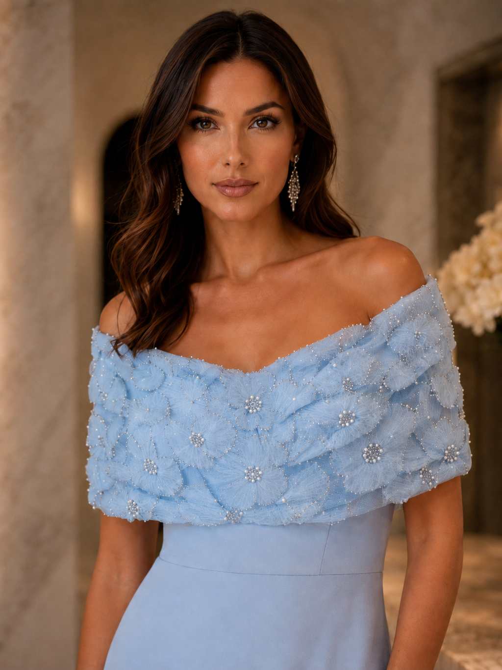 Vestido de noche midi azul claro con hombros descubiertos y pedrería | Vestido elegante para bailes de graduación, compromisos y eventos formales