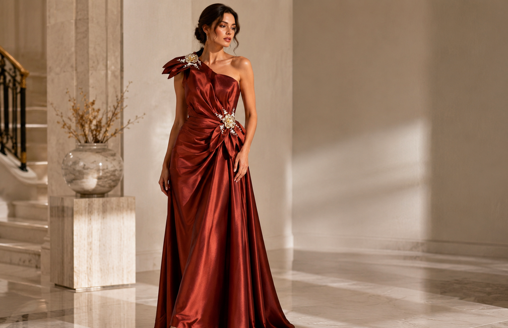 Burnt Copper One-Shoulder Satin Evening Gown with Sculptural Floral Details | Regal Radiance
