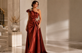 Burnt Copper One-Shoulder Satin Evening Gown with Sculptural Floral Details | Regal Radiance