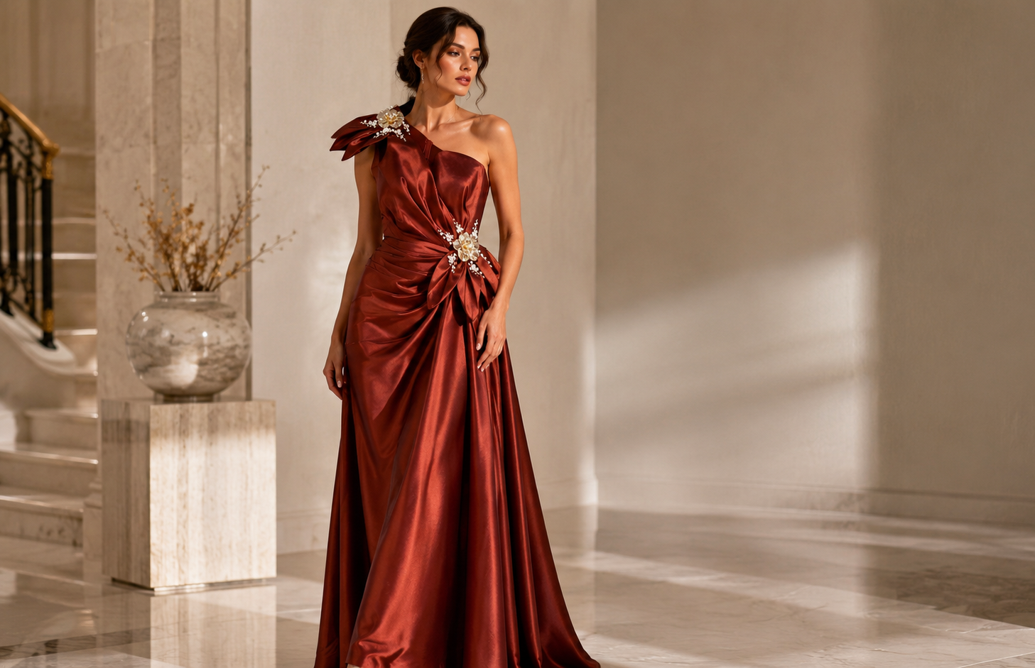 Burnt Copper One-Shoulder Satin Evening Gown with Sculptural Floral Details | Regal Radiance