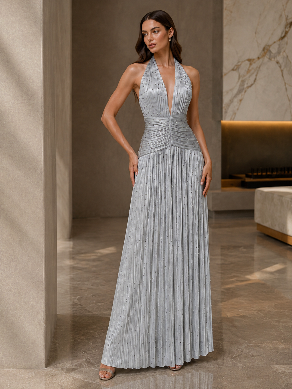 Halter Evening Gown with Beaded Pleats | Moonlit Elegance