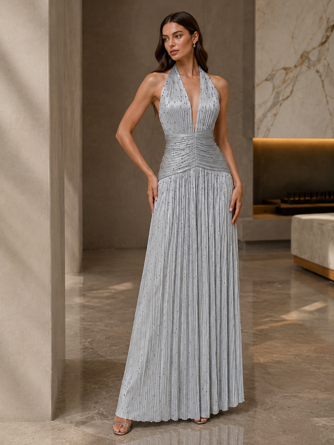 Halter Evening Gown with Beaded Pleats | Moonlit Elegance