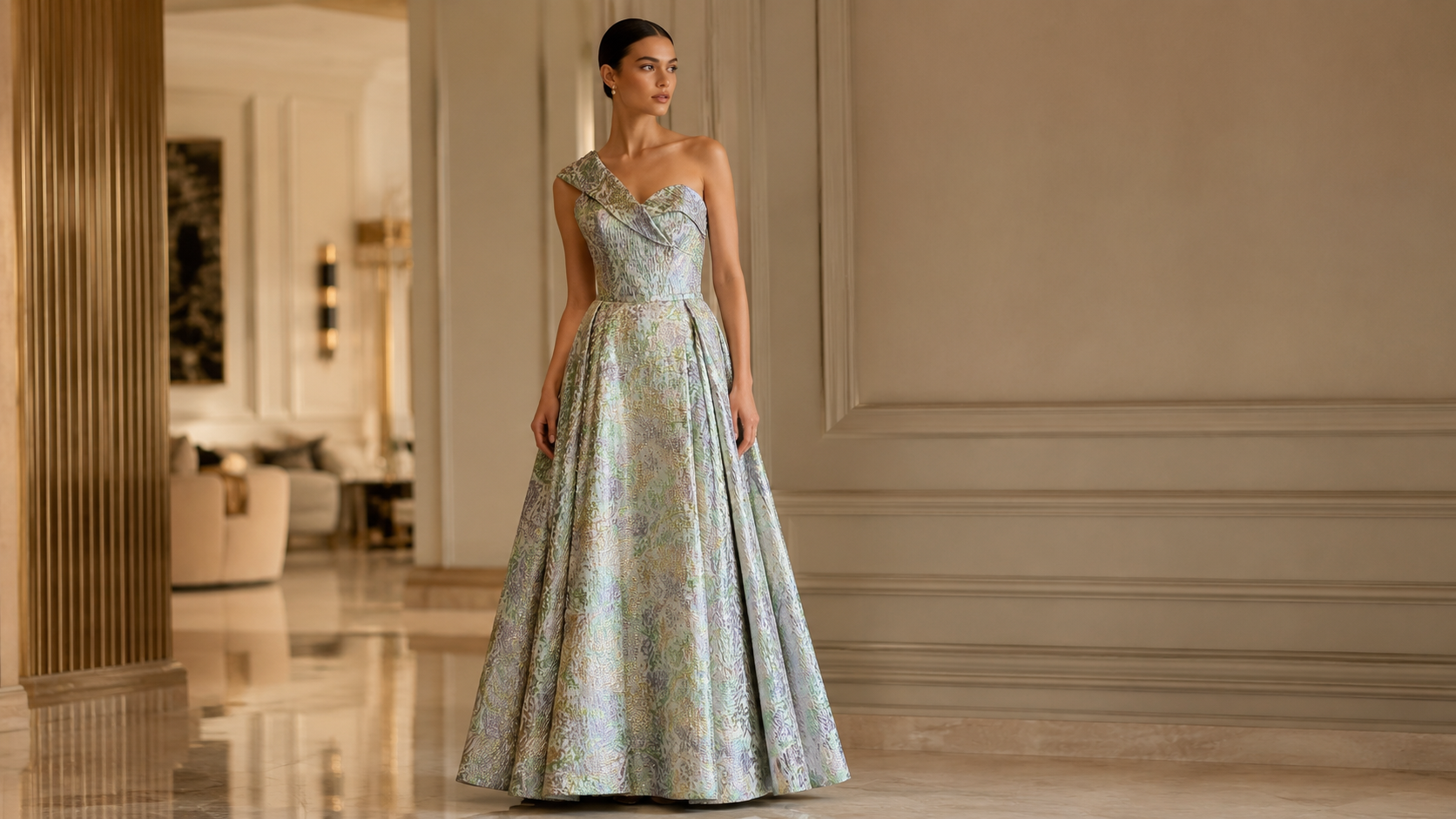 One-Shoulder Metallic Jacquard Evening Gown | Iridescent Elegance