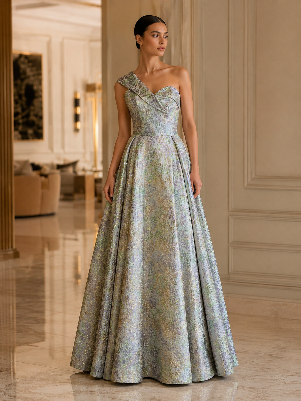 One-Shoulder Metallic Jacquard Evening Gown | Iridescent Elegance