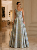 One-Shoulder Metallic Jacquard Evening Gown | Iridescent Elegance
