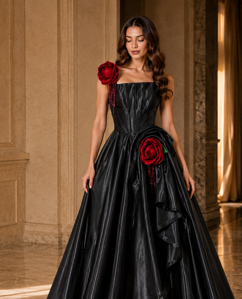 Black Corset Evening Gown with Red Rose Details