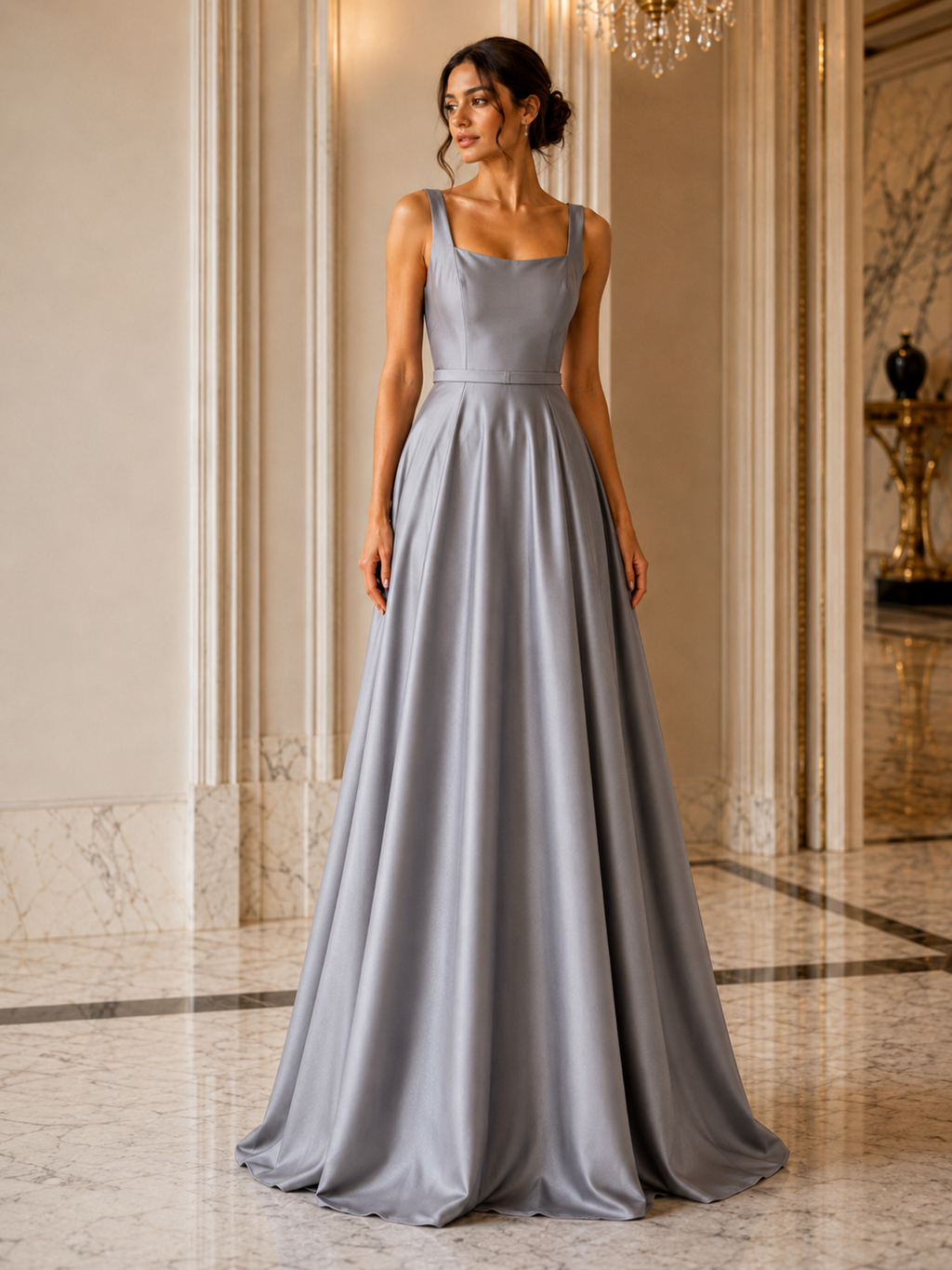Vestido de noche de raso con escote cuadrado y corte A | Gracia moderna